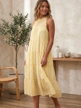 Large Entro Sleeveless Yellow Tiered Midi Dress with Pockets and Tie Back